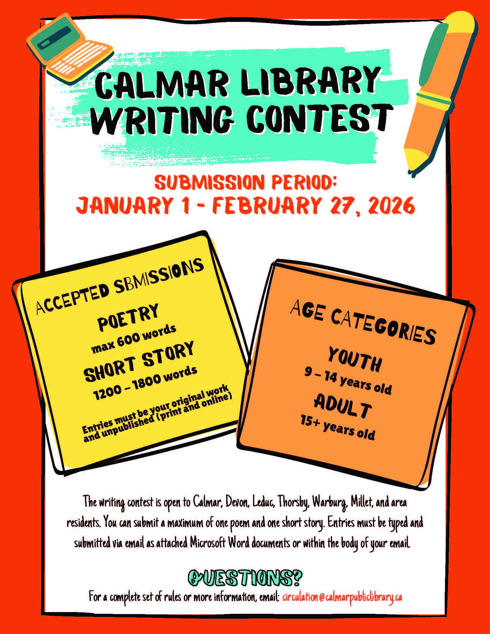 Calmar Library 2026 Writing Contest Information Poster